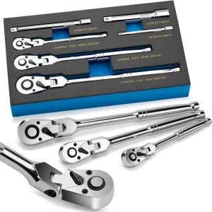 Flex Head Ratchet Set 1/4" 3/8" 1/2" Drive 180° Adjustable Swivel Head Ratchet Wrench with Extension Bar 72 Tooth 6 pcs