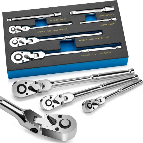 Flex Head Ratchet Set 1/4" 3/8" 1/2" Drive 180° Adjustable Swivel Head Ratchet Wrench with Extension Bar 72 Tooth 6 pcs