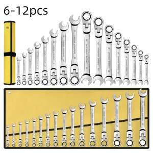 Ratcheting Combination Wrench Set 6-22mm Metric Flex Head Ratcheting Wrench Chrome Vanadium Steel Spanner with Storage Bag