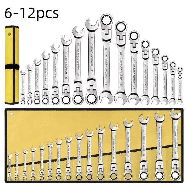 Ratcheting Combination Wrench Set 6-22mm Metric Flex Head Ratcheting Wrench Chrome Vanadium Steel Spanner with Storage Bag