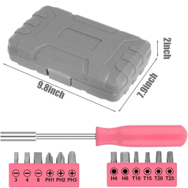 24Pcs Household DIY Tool Set Pink DIY Tool Kit for Women,Compact Mini Tool Box Set,Small Mini Tool Box Set of Basic Ladies Tools - Image 3