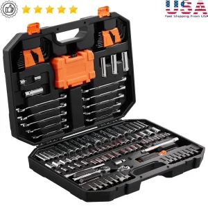 145 Pcs Mechanics Tool Set Socket Set 1/4 and 3/8 Drive CR-V Chrome Vanadium Deep Regular Sockets with Ratchet Wrench Bits